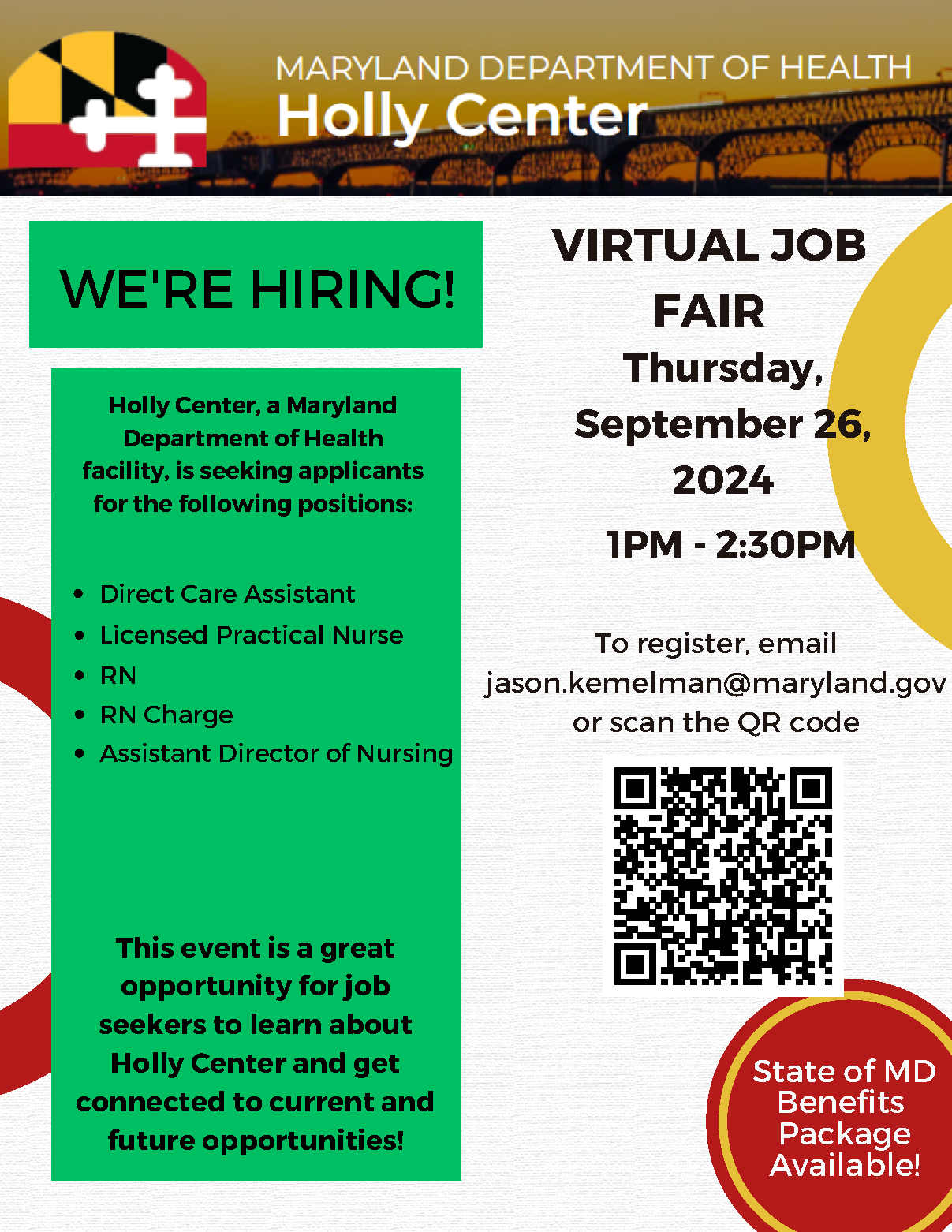 Maryland Department of Health - Holly Center Virtual Job Fair, 9/26 1pm-2:30pm, seeking applicants for Direct Care Asst, LPN, RN, RN Charge & Asst Dir Nursing.